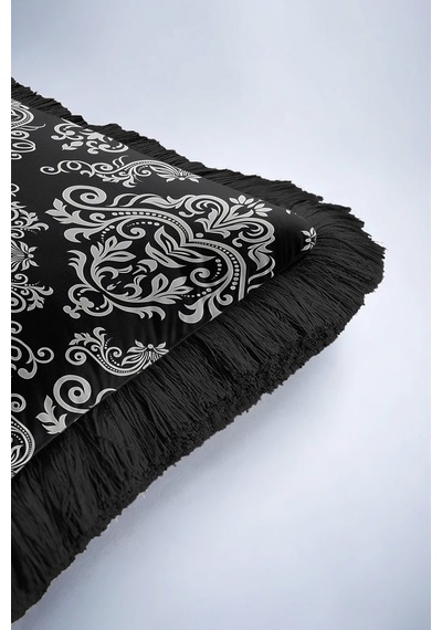 Barok Lüks Saçaklı Yastık Kılıfı - Siyah Gümüş Klasik Elegan Püsküllü Kırlent Kılıfı Göl Açık Bej