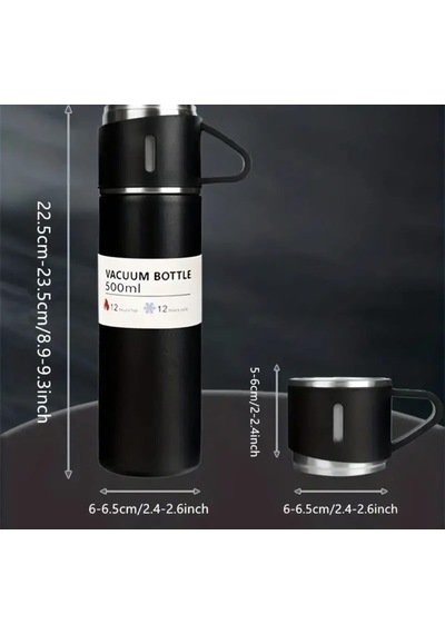 Termos Seti, Paslanmaz Çelik Termos 500ml, 2 Fincan İle, Seyahat Seti, Siyah Diğer