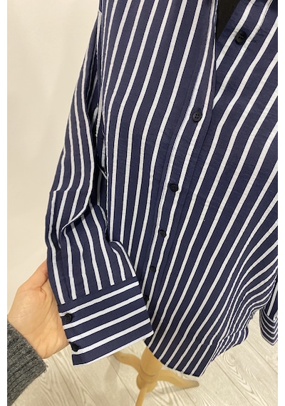 Pera Moda Oversize Çizgili Modal Gömlek Lacivert