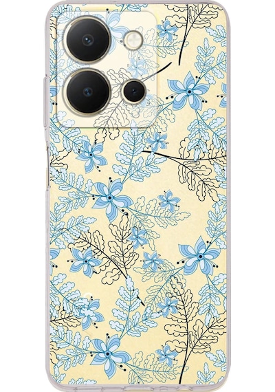 Vivo Y36 Uyumlu Kamera Korumalı Floral Mavi Tasarımlı Şeffaf Silikon Kılıf