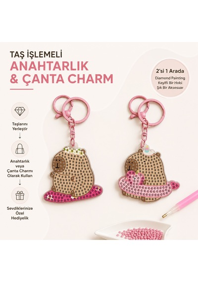 5d Elmas Taş İşlemeli Anahtarlık & Çanta Charmı 2'li Set 5x6 Cm Diamond Painting Keychain & Bag Charm Bkbt17856