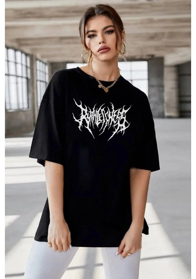 Kadın Baskılı T-shirt Kısa Kol Bisiklet Yaka Oversize Rahat Kalıp Günlük Tişört - Siyah Siyah
