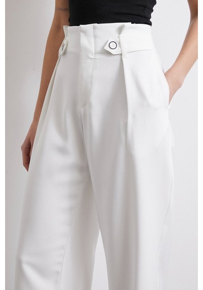 Never More Bel Detaylı Wide Leg Pantolon Ekru Ekru