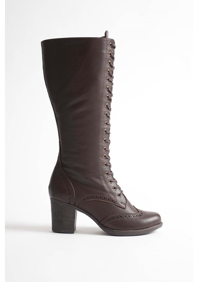 Analin Shoes Kadın Hakiki Deri Bağcıklı Topuklu Çizme Kahve