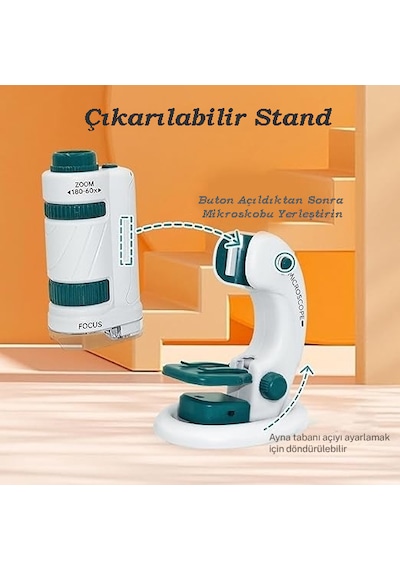 Monozone Dijital Mikroskop Seti 60-180x Büyütme El Mini Eğitici Çocuk Mikroskobu 21 Parça Eğitici Set