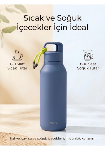 Çelik Termos 560 Ml Paslanmaz Çelik Çift Duvarlı Sızdırmaz Kapaklı Askılı Taşınabilir Sıcak Soğuk Termos - Mavi Lacivert