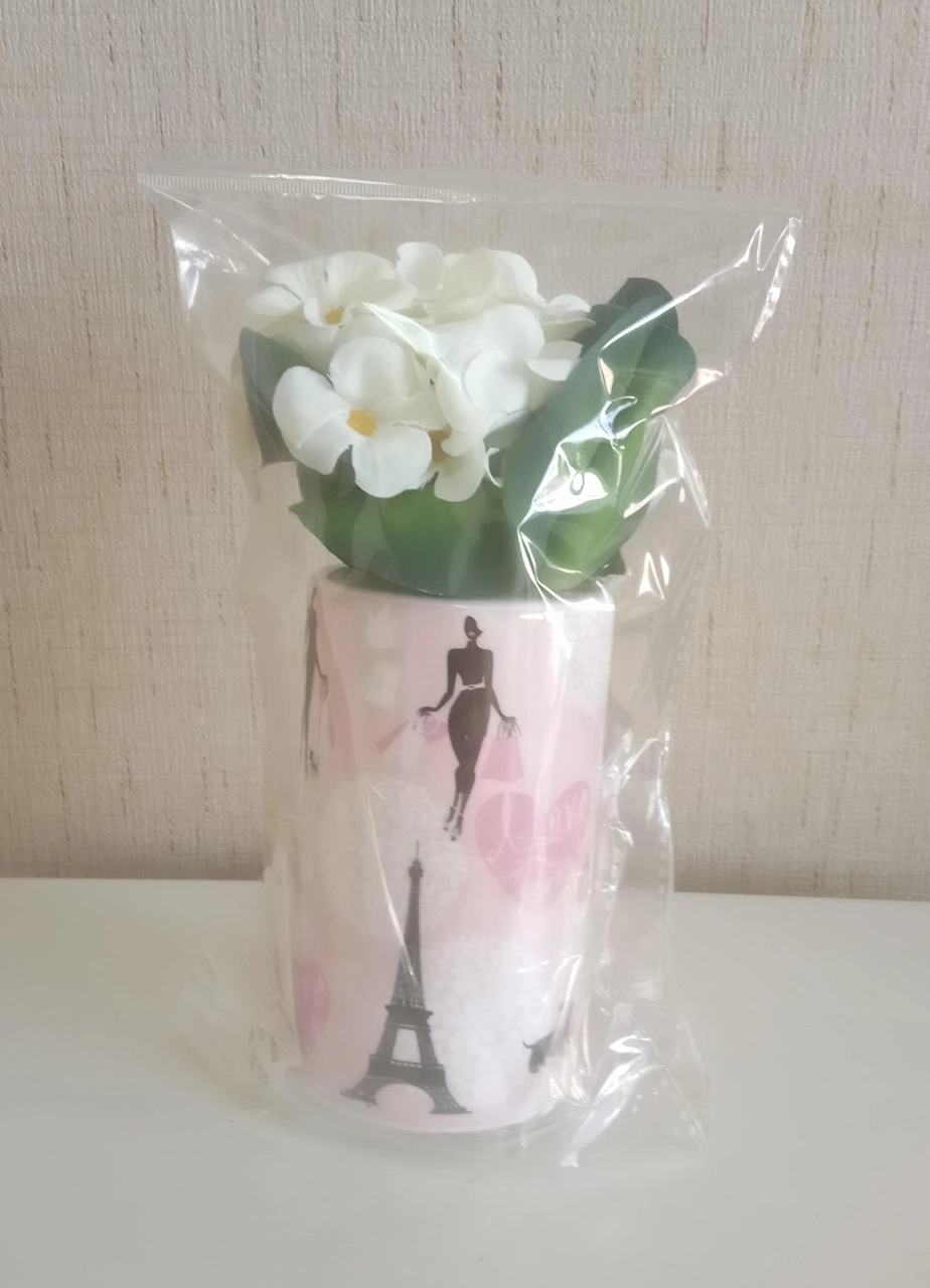2 Adet Vazo Dahil,vazoda Çiçek,beyaz Yapay Çiçek,vazo Dekoratif Kızlı Paris Desenli 7x7x16cm Çok Renkli