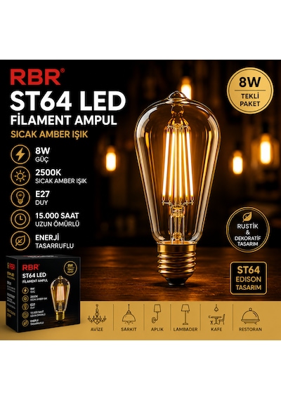 Rbr St64 Led Filament Armut Ampul E27 8w 2500k Amber Rustik Edison Dekoratif Ampul 1