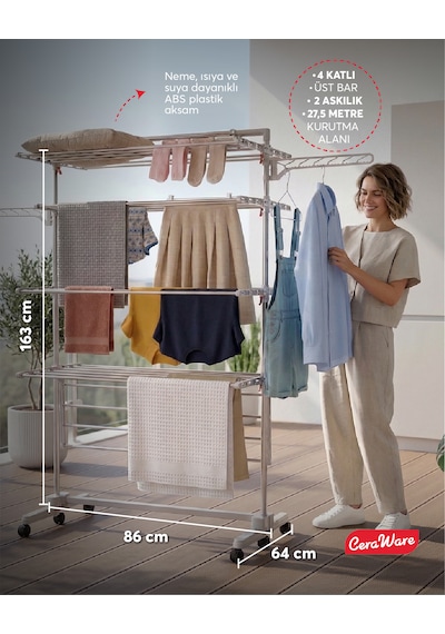 Home S4 Premium 4 Katlı Çamaşırlık Made in Korea Tam Katlanır Tekerlekli Çamaşır Kurutmalık