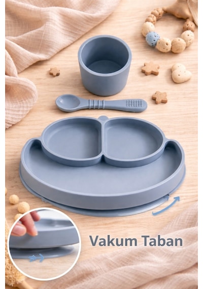 Vakum Tabanlı Silikon Mama Seti Kaymaz & Güvenli Beslenme Mavi
