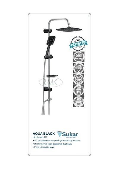 Sukar Siyah Tepe Duş Seti Kare Rain Aqua Black Siyah
