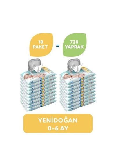 Uni Baby Yenidoğan Islak Pamuk Mendil 18'Li Mega Paket 720'Li