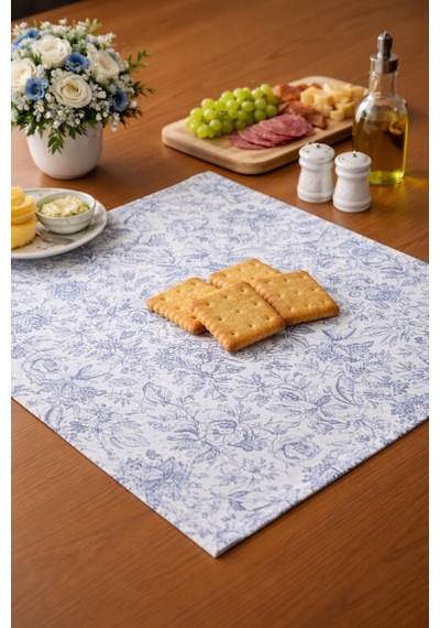 Mavi Beyaz Bohem Tarz Çiçek Desenli Sofra Sunum Altlığı 6 Lı Set - 30x40 Cm Supla & Amerikan Servis