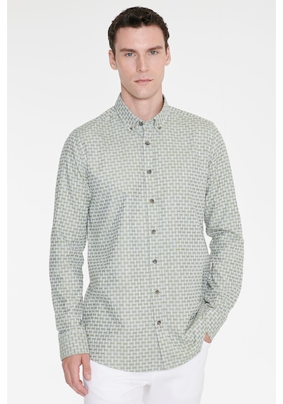 Ac&Co / Altınyıldız Classics Erkek Yesıl %100 Pamuk Slim Fit Dar Kesim Düğmeli Yaka Armürlü Gömlek Yeşil