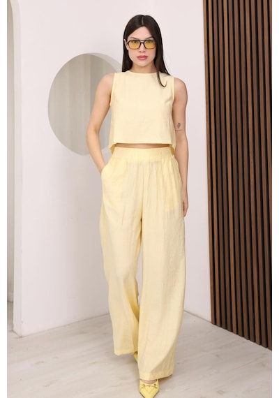 Famoda Sarı Sırtı Çapraz Bağcıklı Crop Bluz & Yüksek Bel Palazzo Pantolon Alt Üst Takım