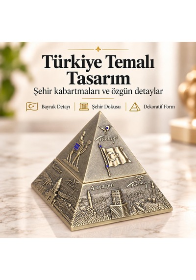 Türkiye Temalı Metal Piramit Küllük Tütsülük Takı Kutusu Kapaklı Dekoratif Hediyelik 10x10 Cm