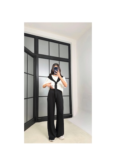 Miss Beyoğlu Kadın Şal Detaylı Basic Tshirt Beli Lastikli Pantolon İkili Eşofman Takımı Siyah