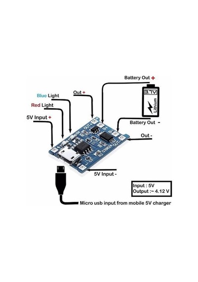 Lithium Pil Şarj Modülü Korumalı - Tp4056, Micro Usb Konnektör, Bms