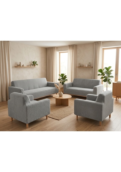 Bohem Likralı Koltuk Örtüsü Takımı 3+3+1+1 Yumuşak Dokulu Esnek Modern Desenli Koltuk Kılıfı Gri