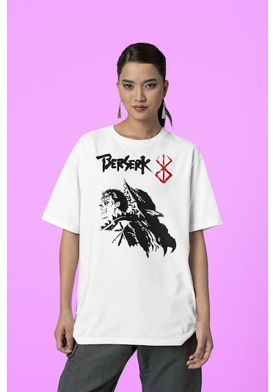 Berserk Karakter Baskılı Unisex Tişört, Oversize Anime Tişört Beyaz