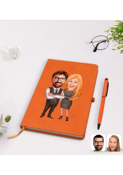 Kişiye Özel Sevgililer Karikatürlü Turuncu Termo Deri Defter Kale N11.2265