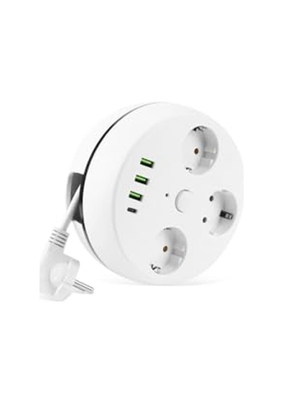 Vea 7 İn 1, Akım Korumalı Grup Priz, 3'lü, Anahtarlı, 3 Usb, 1 Type-c, 1.5 Metre Kablolu, Kablosu Toplanabilir Makar Standart