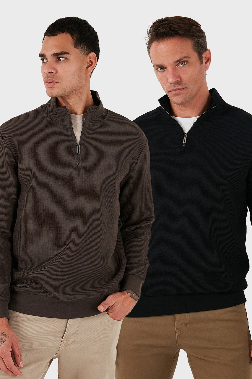 Buratti Pamuklu Regular Fit Yarım Fermuarlı Dik Yaka 2'Li Paket Erkek Sweat 5905716S2 Siyah-Koyu Kahve Buratti Pamuklu Regular Fit Yarım Fermuarlı Dik Yaka 2'Li Paket Erkek Sweat 5905716S2 Siyah-Koyu Kahve