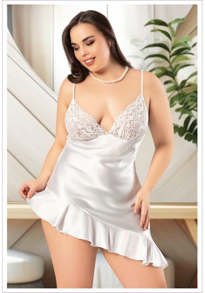 Miss Laris Lingerie Kadın Saten İp Askılı Göğüs Dekolteli Dantelli Gecelik Beyaz