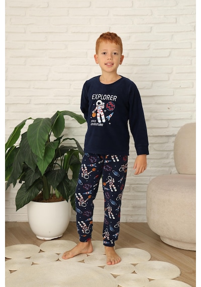 Yeni Stil Sonbahar/kış Erkek Çocuk Uzay Figür Astronot Desen Polar Pijama Takımı 4565 Lacivert