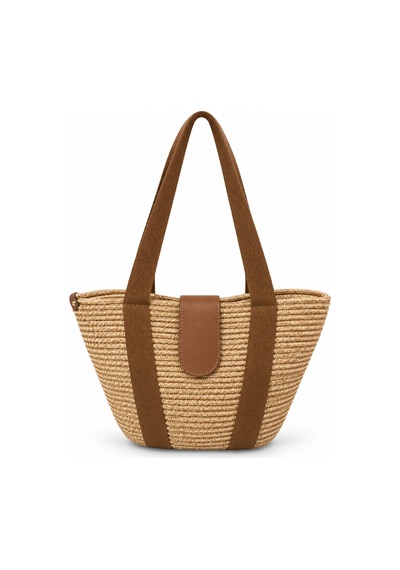 Levano Leather Kadın Hasır Tote Omuz Çantası Deri Detaylı Geniş İç Hacimli Günlük Yazlık Çanta 38x28 Cm Bej