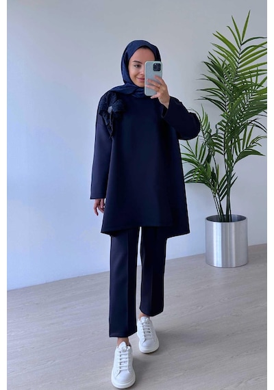 Kahijab Çiçekli Asimetrik Kesim Scuba Takım - Lacivert Lacivert