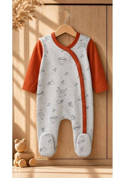 Ferasty İstanbul Unisex Bebek Tulum Rakun Desenli Gri Turuncu