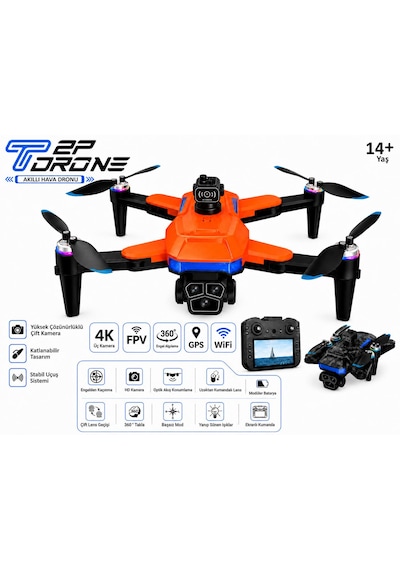 T2p Drone 4 Üç Fpv Kamera 360 Derece Engel Algılama Wifi Cam Optik Akış Konumlama Elektirkli Kamera Katlanabilir 4.3 İnç Ekranlı Kumanda Başsız Mod 360 Derece Takla Engelden Kaçma