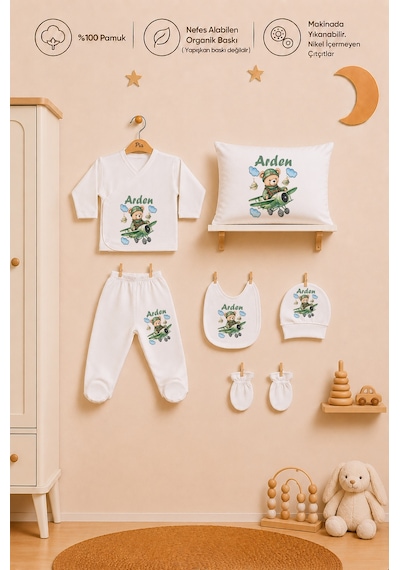 Pia Baby İsme Özel Erkek Bebek %100 Pamuk Zıbın Şapka Önlük Eldiven Ve Yastık Kılıfı Hediyelik Set 1014yz3x Ekru