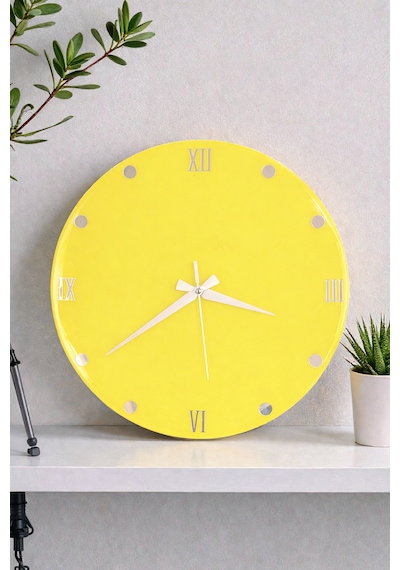 Dekoratif Epoksi Duvar Saati 40 Cm, Neon Sarı Modern Tasarım, Gümüş Detaylı, Sessiz Mekanizma, Yeni Ev Hediyesi Sarı