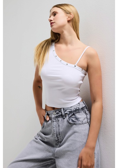 Kadın Beyaz W5 Drop Detaylı Tek Kol Askılı Özel Elastan Kumaş Body
