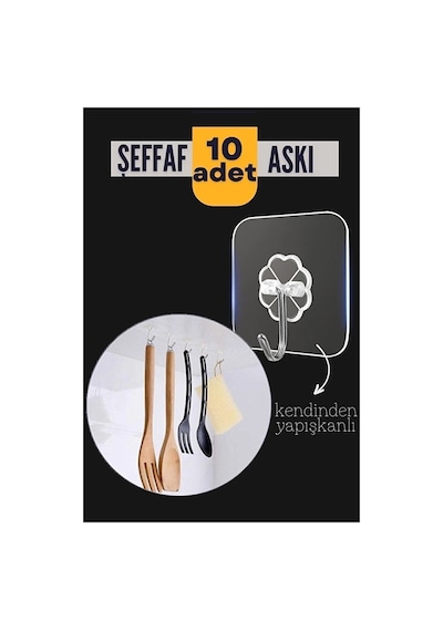 10'lu Şeffaf Kendinden Yapışkanlı Güçlü Askı Kanca Cpr-7575-fec4d