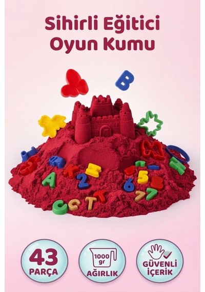 Sihirli Eğitici Oyun Kumu 1000 Gr 43 Parça Kinetik Kum Seti Alfabe Ve Sayı 3d Kalıplı Çocuk Oyuncağı Kırmızı