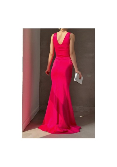 Store Krep Yaka Kuyruklu Elbise V Kumaş Abiye Fuşya - 935898446 Fuşya
