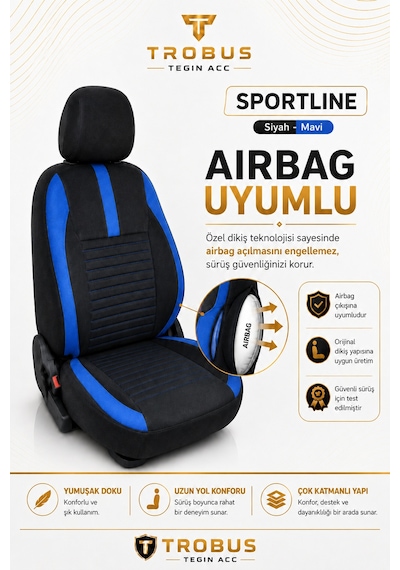 Seat Ateca 2016 Sonrası Uyumlu Sportline Serisi Siyah Mavi Ortopedik Tay Tüyü Koltuk Kılıfı