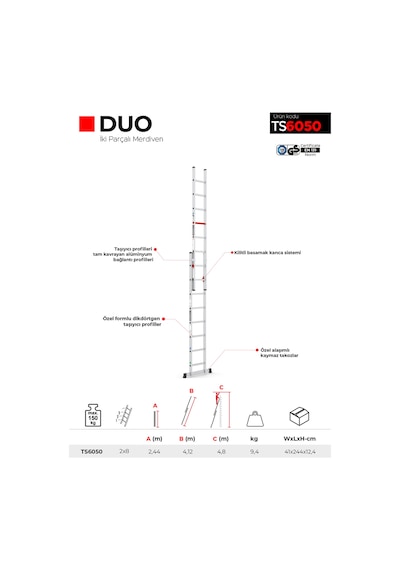 Çağsan TS6050 2x8 Basamaklı Duo İki Parçalı Alüminyum Merdiven