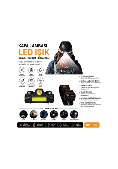 Kafa Lambası Led Işık Şarjlı Kafa Lambası Siyah 40839155