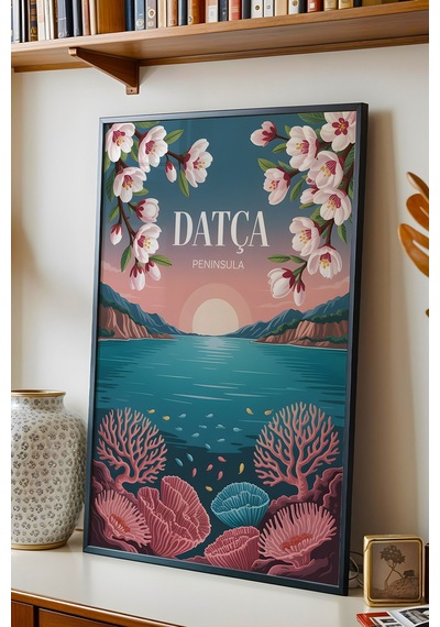 Datça Tablo - Retro Travel Poster - Muğla Şehir Serisi Duvar Dekoru - Çerçeveli Şehir İllüstrasyonu Siyah