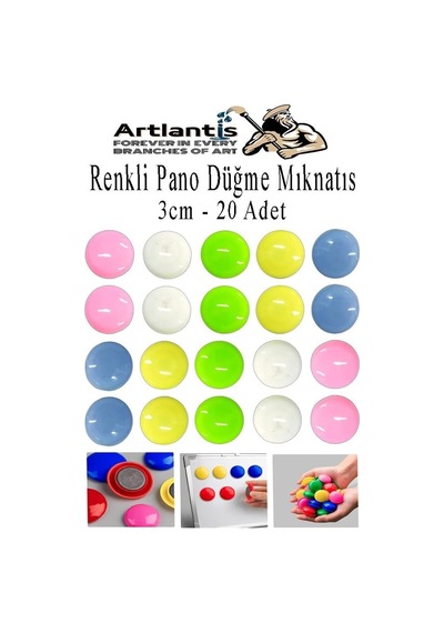 Artlantis Renkli Pano Düğme Mıknatısı 20 Li 1 Paket Manyetik Yuvarlak Mıknatıs Buzdolabı Renkli Plastik Kaplı D