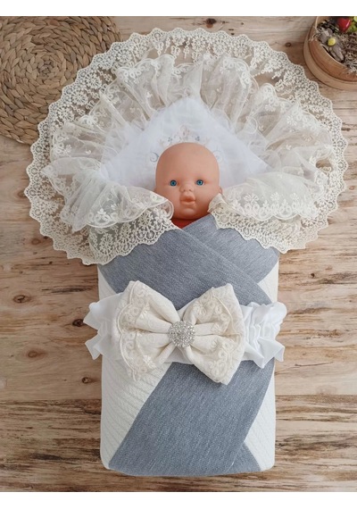 Yenidoğan Teri Cotton Taç Nakışlı Prizma Taş Kundak Bebek Battaniyesi Krem Krem