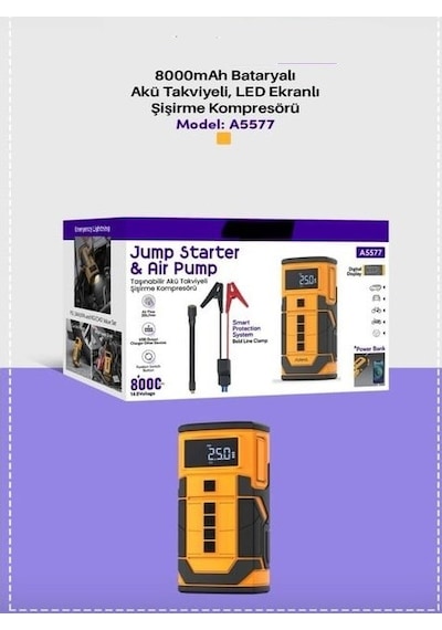 Auhma A5577 4'ü 1 Arada Akü Takviyeli Şarjlı Hava Pompası 8.000 Mah Powerbank & Dijital Fener
