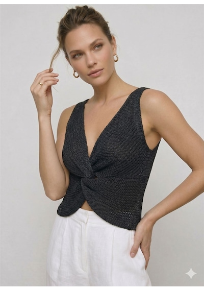 Neden Tekstil Twist Knot Detaylı Premium Kadın Triko Bluz V Yaka Örgü Dokulu Şık Crop Tasarım - Siyah