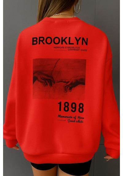 Benroma 3 İplik Penye Brooklyn Baskılı Unisex Sweatshırt Kırmızı