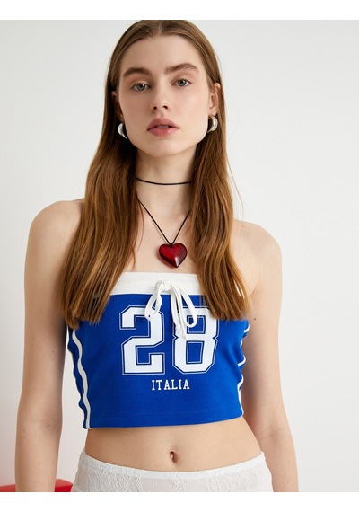 Koton Straplez Crop Top Baskılı Fiyonk Detaylı Mavi 4sal30329ık