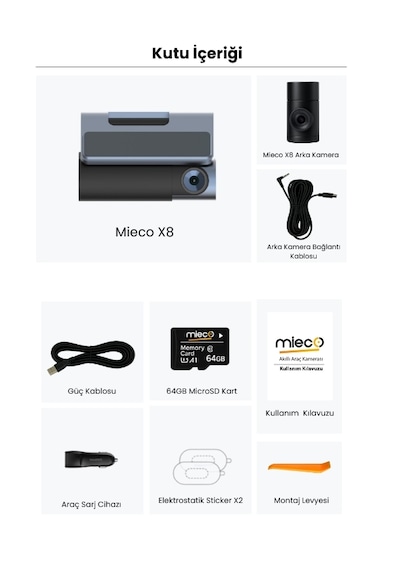 Mieco X8 Wifi /4K UHD/ 170° Ultra Geniş Açı/ ADAS/ Ön + Arka Araç Kamerası